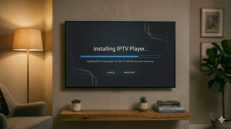 Hand met afstandsbediening gericht op Smart TV met Net IPTV interface