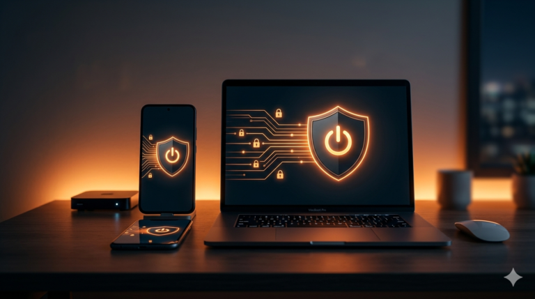 VPN beveiliging voor IPTV met schild symbool op Smart TV in woonkamer