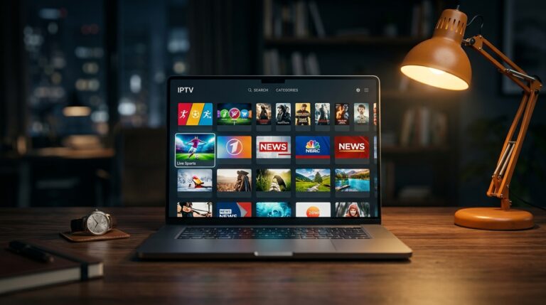 Laptop met Windows IPTV app en kanaaloverzicht op een houten bureau