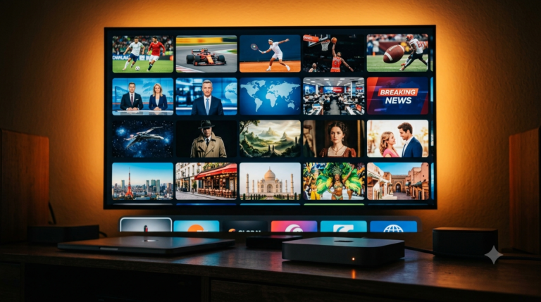 Compacte IPTV mediabox op een tv-meubel met Smart TV op de achtergrond