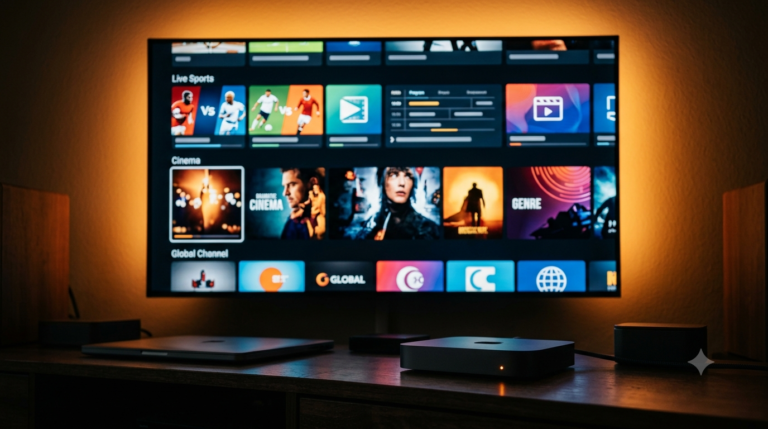 Compact IPTV kastje op tv-meubel voor eenvoudig IPTV kijken thuis