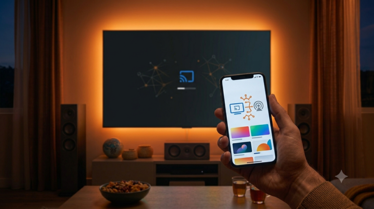 iPhone toont Chromecast verbindingsfout naast Smart TV in woonkamer