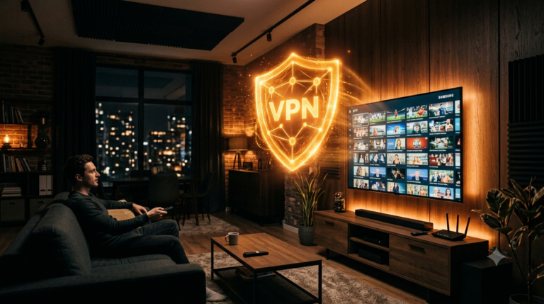 IPTV configureren met VPN — beveiligde streaming met oranje schild in woonkamer