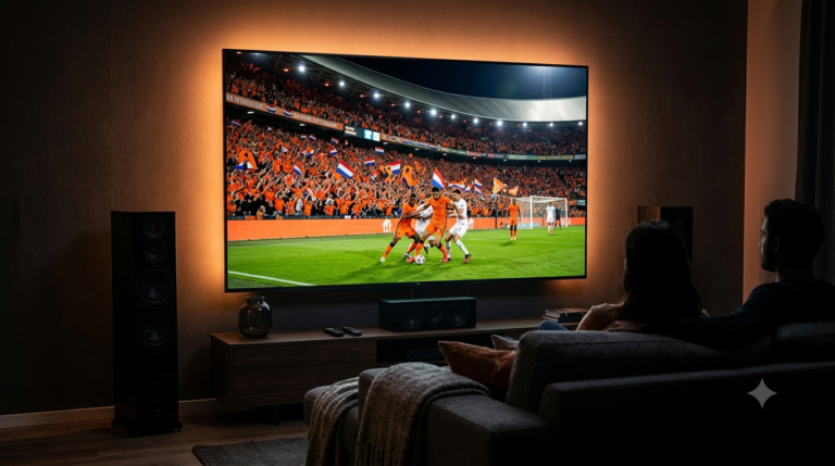Blij koppel kijkt Eredivisie voetbal live op grote Smart TV via IPTV