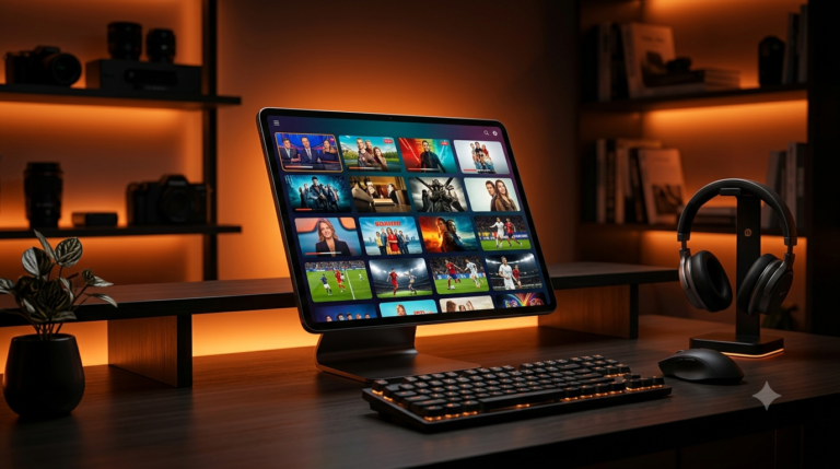 Tablet met IBO Player IPTV app en kleurrijk kanaaloverzicht