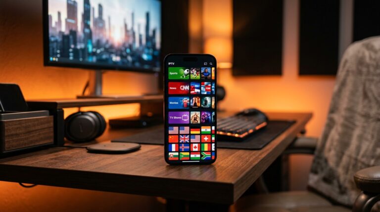 Smartphone met Hot Player IPTV app en kleurrijk overzicht van kanalen en content
