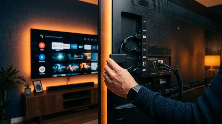 Streaming stick aangesloten op Smart TV met IPTV interface en afstandsbediening