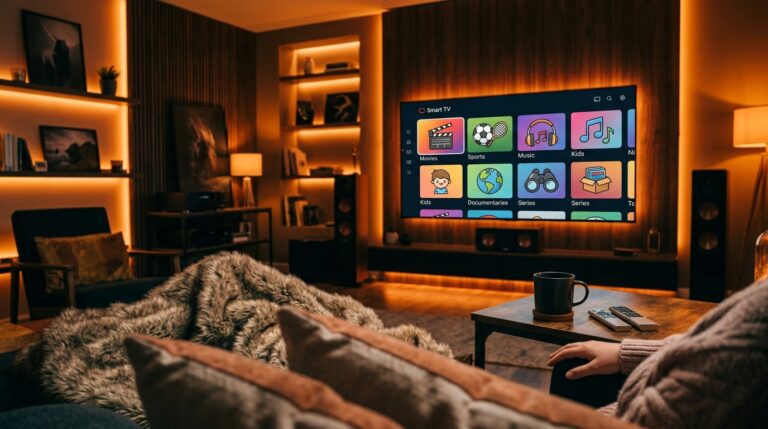 Hand met smartphone welkomstscherm naast Smart TV voor gratis IPTV proberen