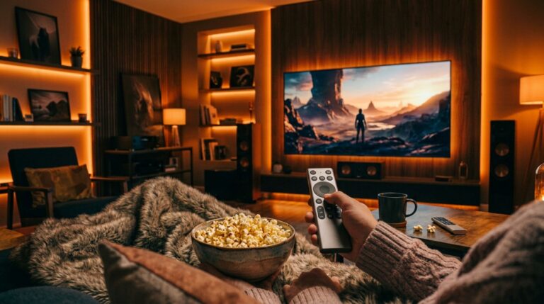 Persoon met afstandsbediening kijkt naar bibliotheek met nieuwe films via IPTV