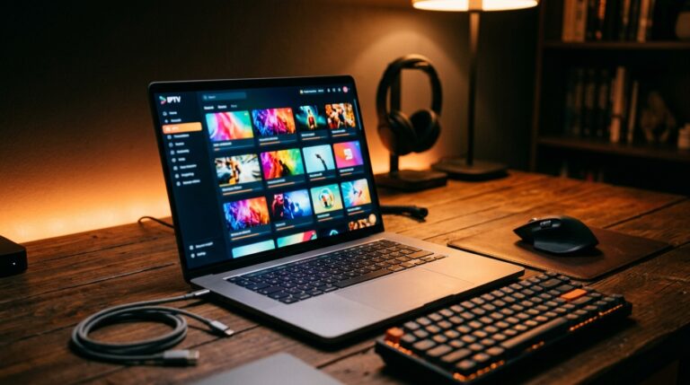 Vrouw kijkt live voetbal via IPTV op laptop in gezellige woonkamer