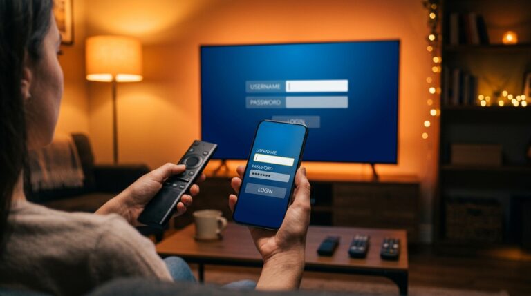 Smart TV toont IPTV inlogscherm met gebruikersnaam en wachtwoord voor Xtream Code