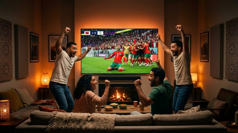 Vrienden kijken samen live voetbalwedstrijd op grote Smart TV via IPTV