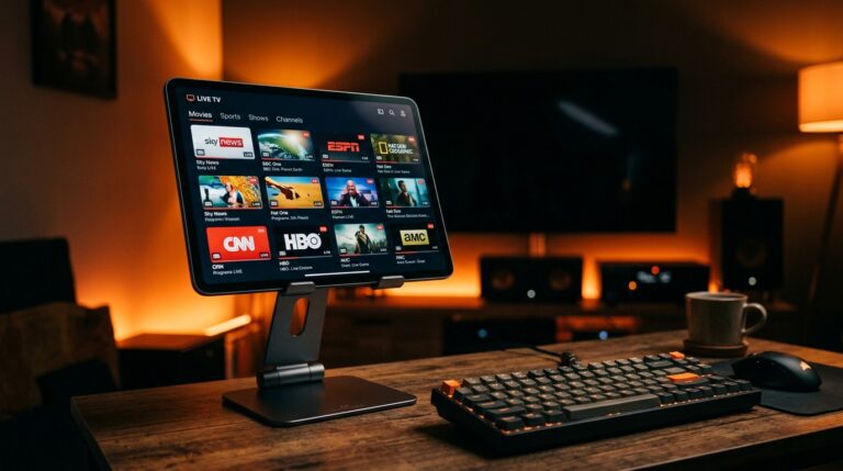 Vrouw kijkt live tv via IPTV app op iPad in gezellige woonkamer